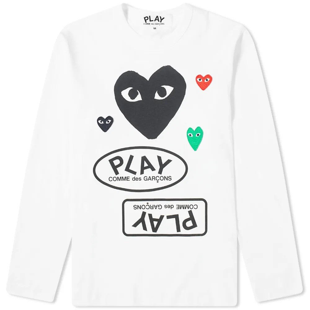 CDG PLAY LONG SLEEVE MULTI LOGO WHITE & BLACK