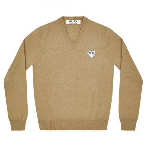 CDG PLAY V-Neck Pullover Camel – White Heart Logo